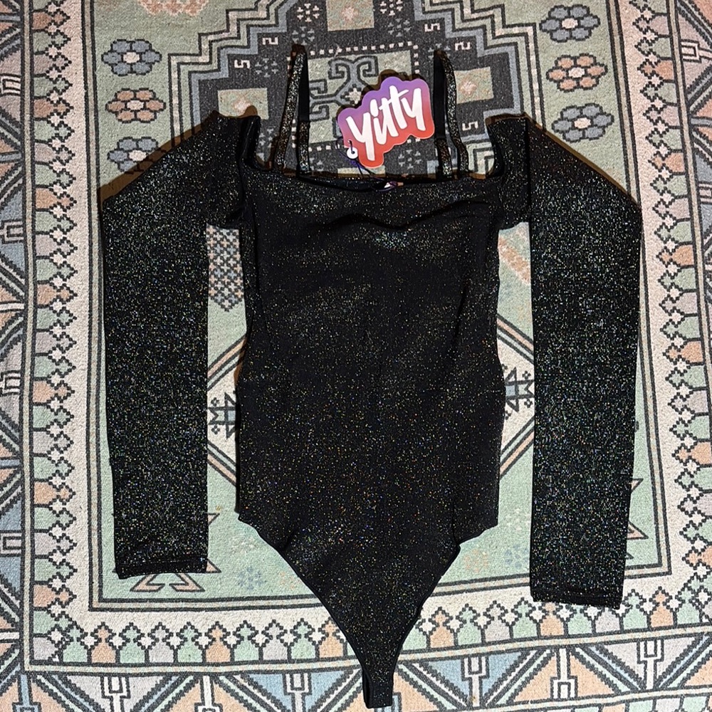 Yitty Black Glitter Nearly Naked off the shoulder Shaping Bodysuit NWT